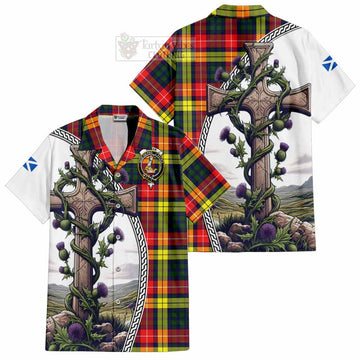 Dewar Tartan Hawaiian Shirt with Family Crest and St. Andrew's Cross Accented by Thistle Vines Kid - Tartan Vibes Clothing