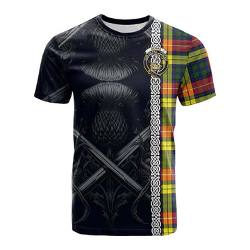 Tartan Vibes Clothing Dewar Tartan Cotton T-shirt with Family Crest Cross Sword Thistle Celtic Vibes