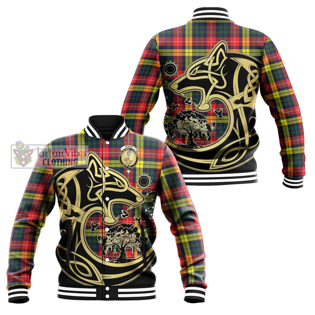 Dewar Tartan Baseball Jacket with Family Crest Celtic Wolf Style Unisex - Tartan Vibes Clothing