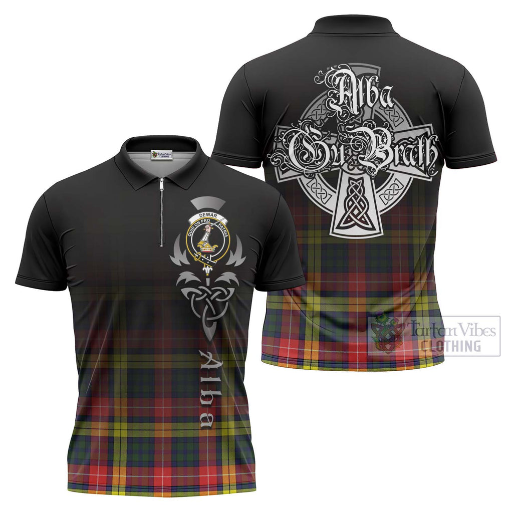 Dewar Tartan Zipper Polo Shirt Featuring Alba Gu Brath Family Crest Celtic Inspired Unisex - Tartan Vibes Clothing