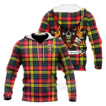 Dewar Tartan Knitted Hoodie with Family Crest and Bearded Skull Holding Bottles of Whiskey Unisex Knitted Pullover Hoodie - Tartan Vibes Clothing