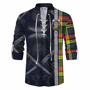 Dewar Tartan Ghillie Kilt Shirt with Family Crest Cross Sword Thistle Celtic Vibes Men - Tartan Vibes Clothing
