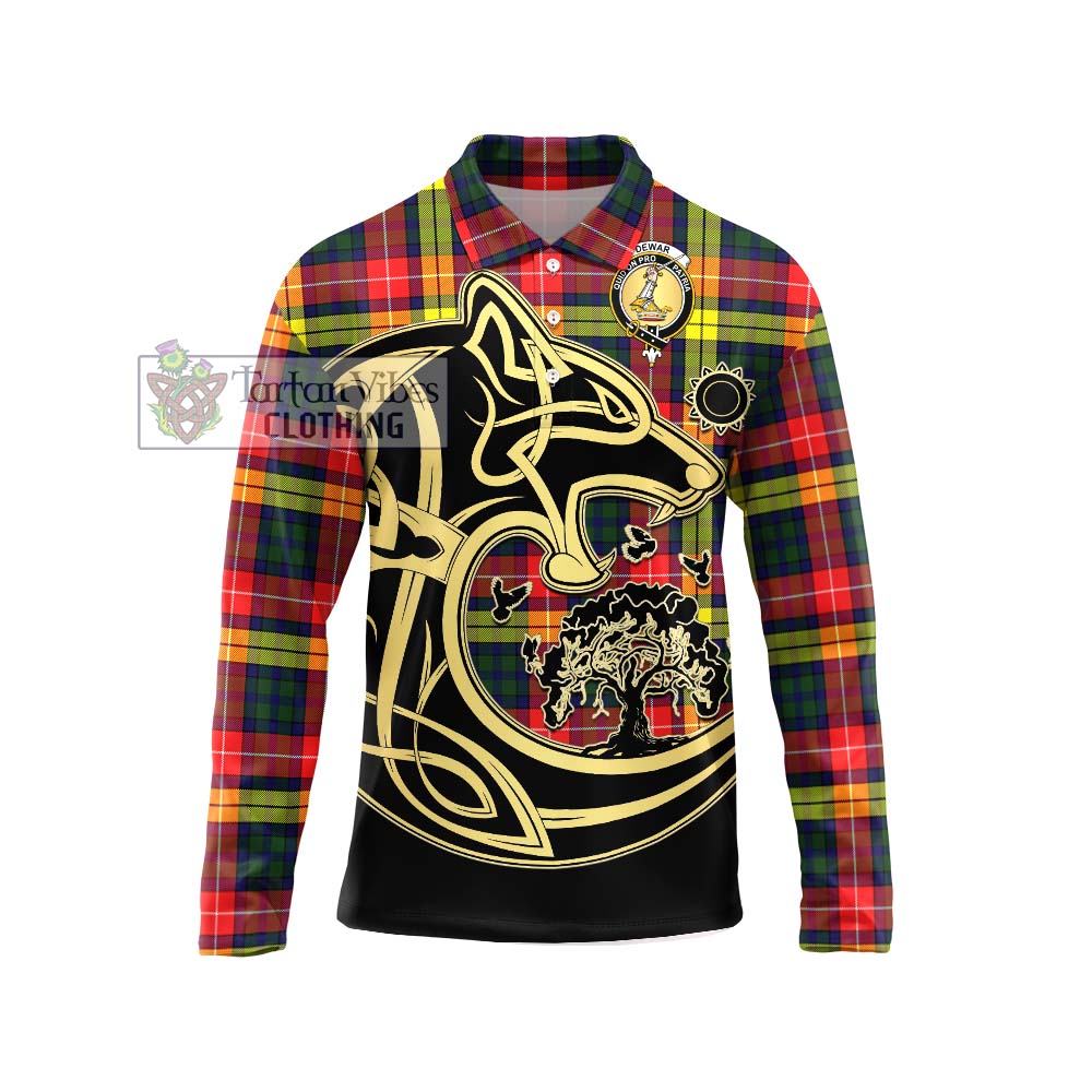 Dewar Tartan Long Sleeve Polo Shirt with Family Crest Celtic Wolf Style Unisex - Tartan Vibes Clothing