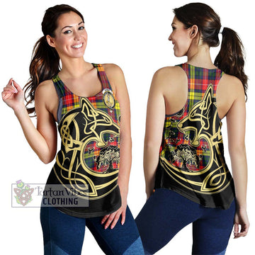 Dewar Tartan Women's Racerback Tanks with Family Crest Celtic Wolf Style 4XL - Tartan Vibes Clothing