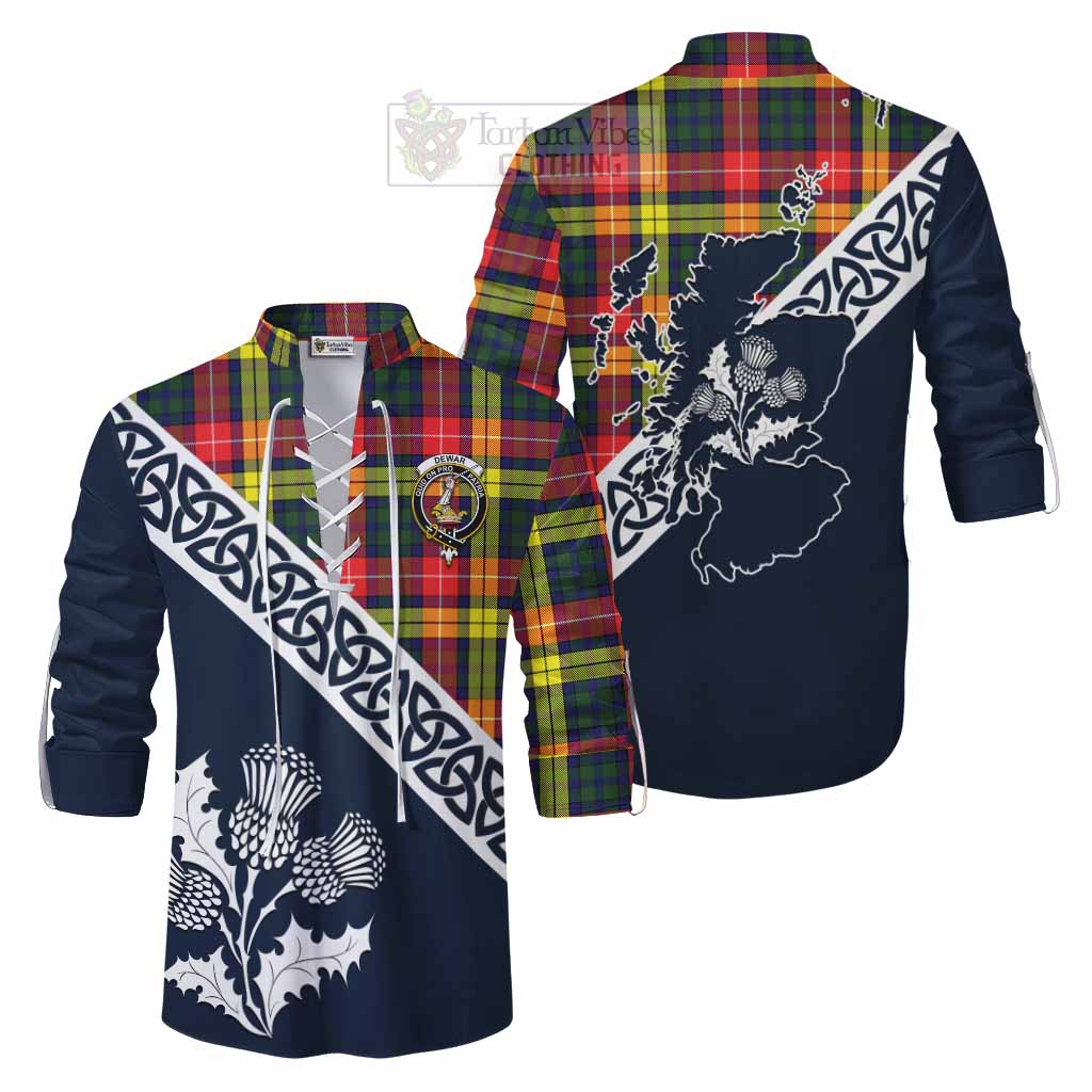 Dewar Tartan Ghillie Kilt Shirt Featuring Thistle and Scotland Map Men - Tartan Vibes Clothing