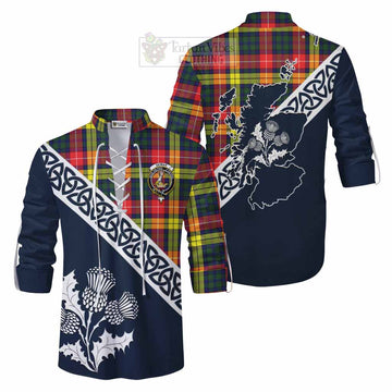 Dewar Tartan Ghillie Kilt Shirt Featuring Thistle and Scotland Map Men - Tartan Vibes Clothing