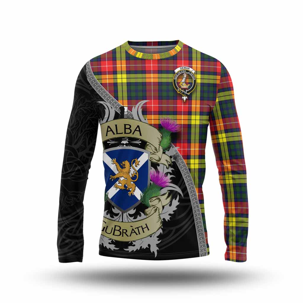 Dewar Tartan Family Crest Long Sleeve T-Shirt Lion Rampant Royal Thistle Shield Celtic Inspired Unisex - Tartan Vibes Clothing