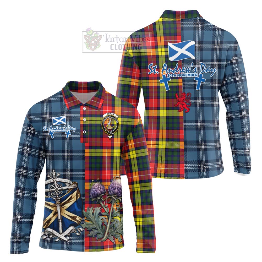 Dewar Tartan Long Sleeve Polo Shirt Happy St. Andrew's Day Half Tartan Style Unisex - Tartan Vibes Clothing