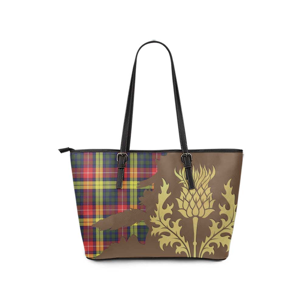 Dewar Tartan Leather Tote Bag Gold Thistle Style - Tartan Vibes Clothing