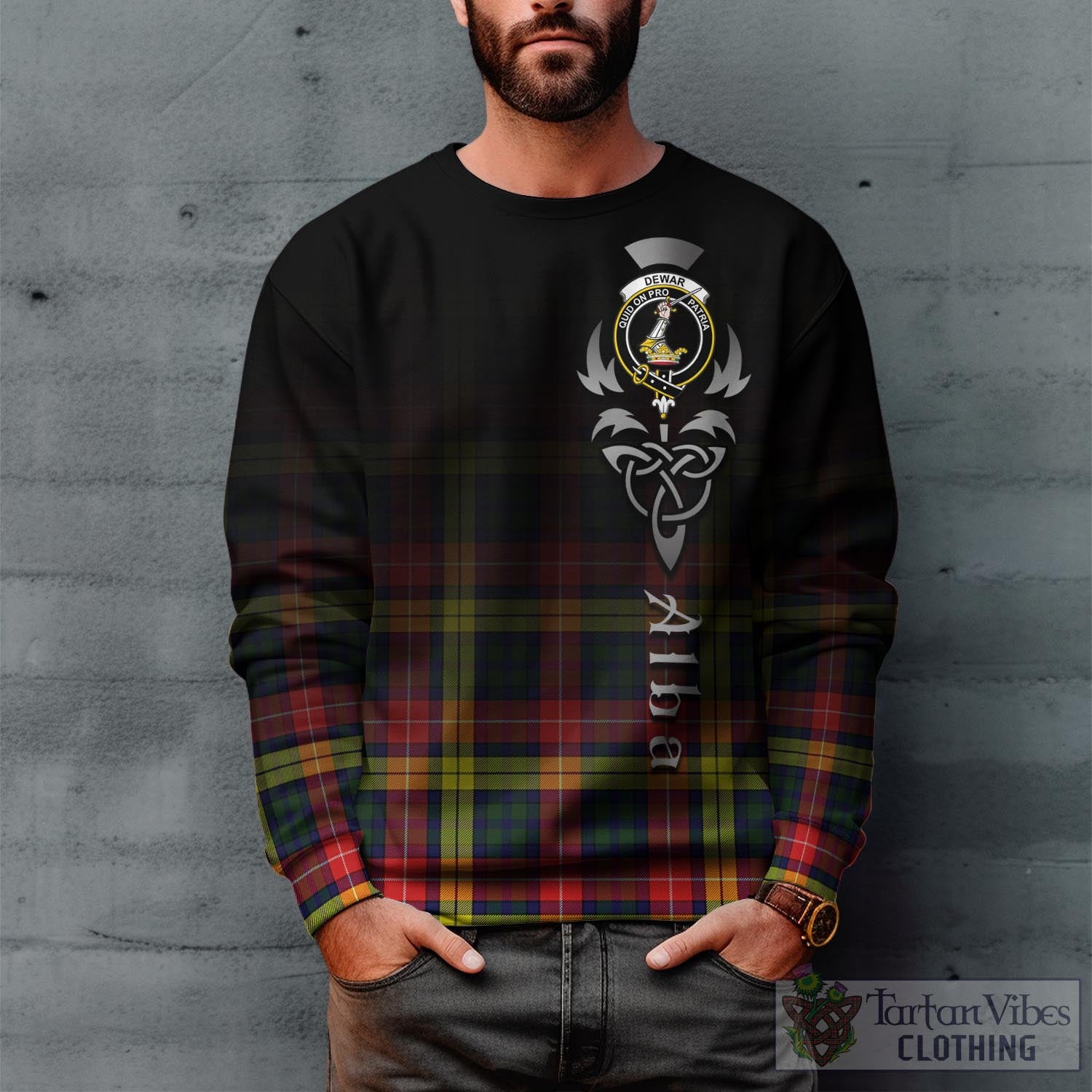 Tartan Vibes Clothing Dewar Tartan Sweatshirt Featuring Alba Gu Brath Family Crest Celtic Inspired