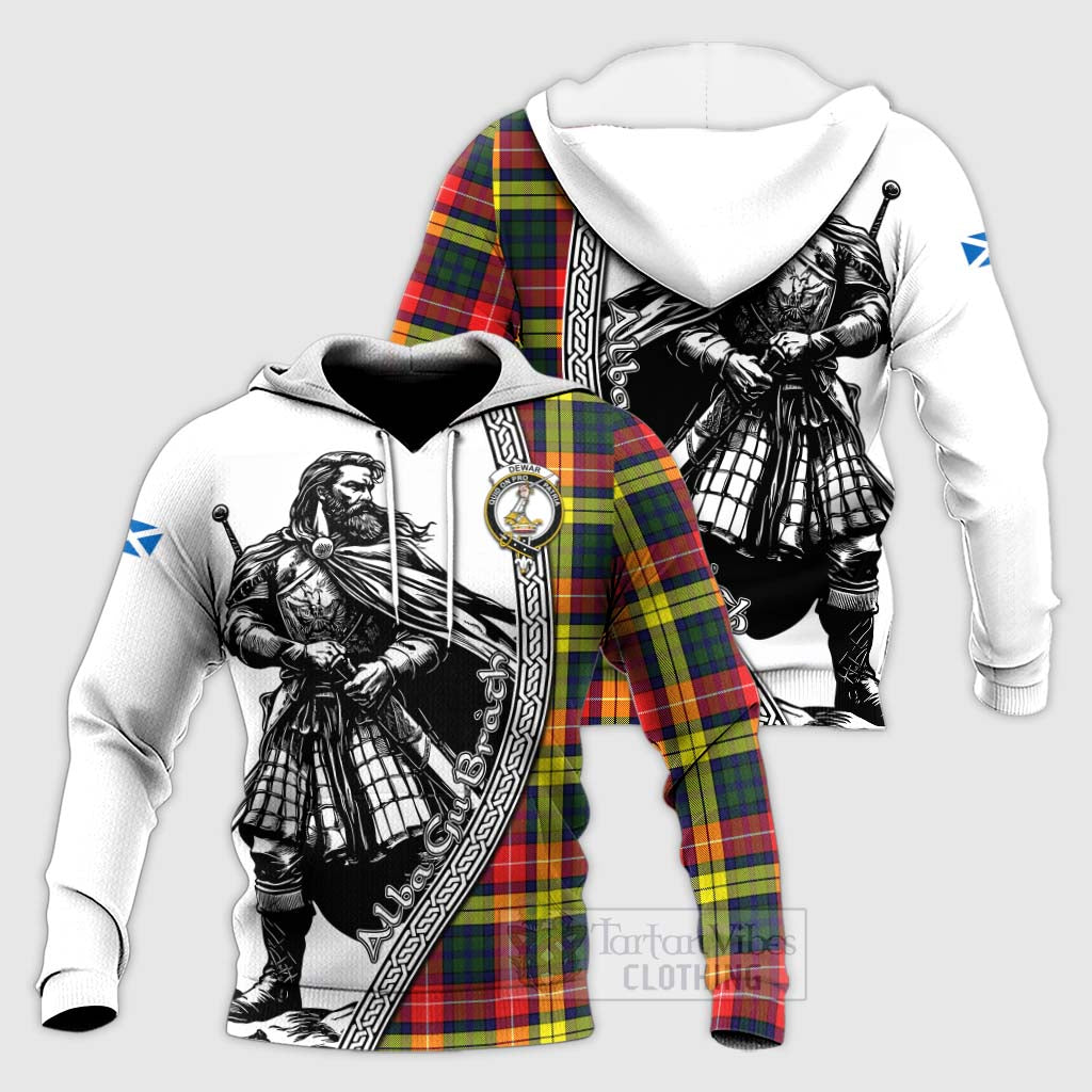 Dewar Tartan Clan Crest Knitted Hoodie with Highlander Warrior Celtic Style Unisex Knitted Pullover Hoodie - Tartan Vibes Clothing