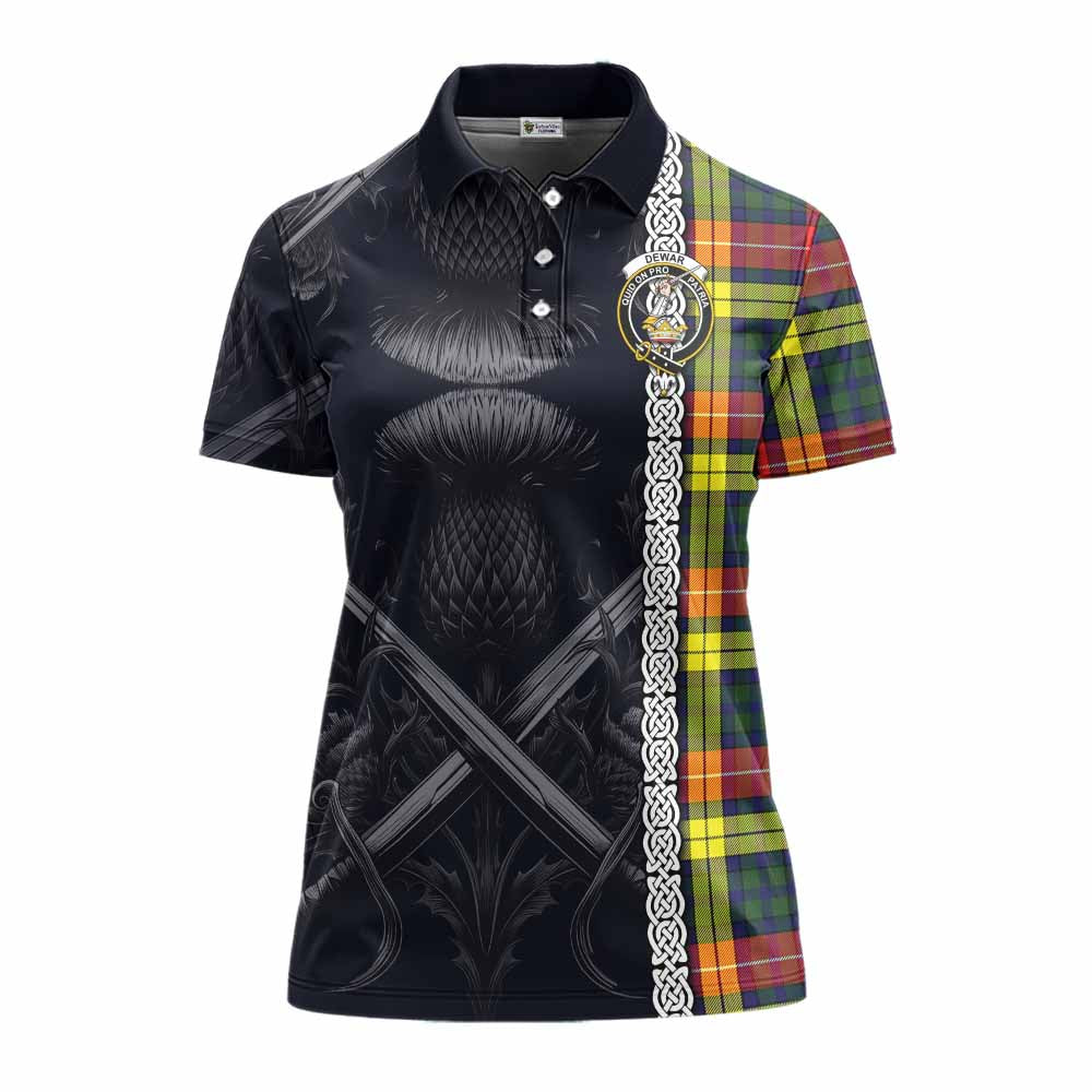 Dewar Tartan Women's Polo Shirt with Family Crest Cross Sword Thistle Celtic Vibes Women - Tartan Vibes Clothing