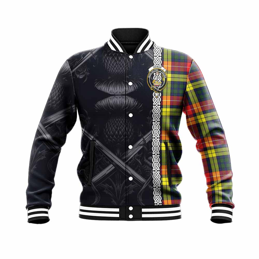 Dewar Tartan Baseball Jacket with Family Crest Cross Sword Thistle Celtic Vibes Unisex - Tartan Vibes Clothing