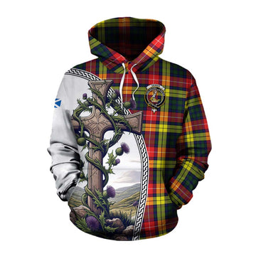 Dewar Tartan Cotton Hoodie with Family Crest and St. Andrew's Cross Accented by Thistle Vines