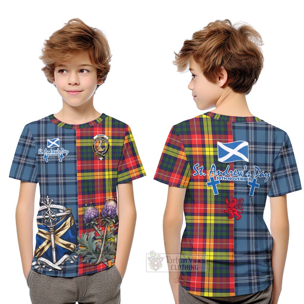 Dewar Tartan Kid T-Shirt Happy St. Andrew's Day Half Tartan Style Youth XL Size14 - Tartan Vibes Clothing