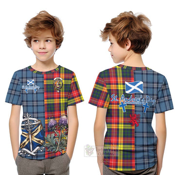 Dewar Tartan Kid T-Shirt Happy St. Andrew's Day Half Tartan Style Youth XL Size14 - Tartan Vibes Clothing
