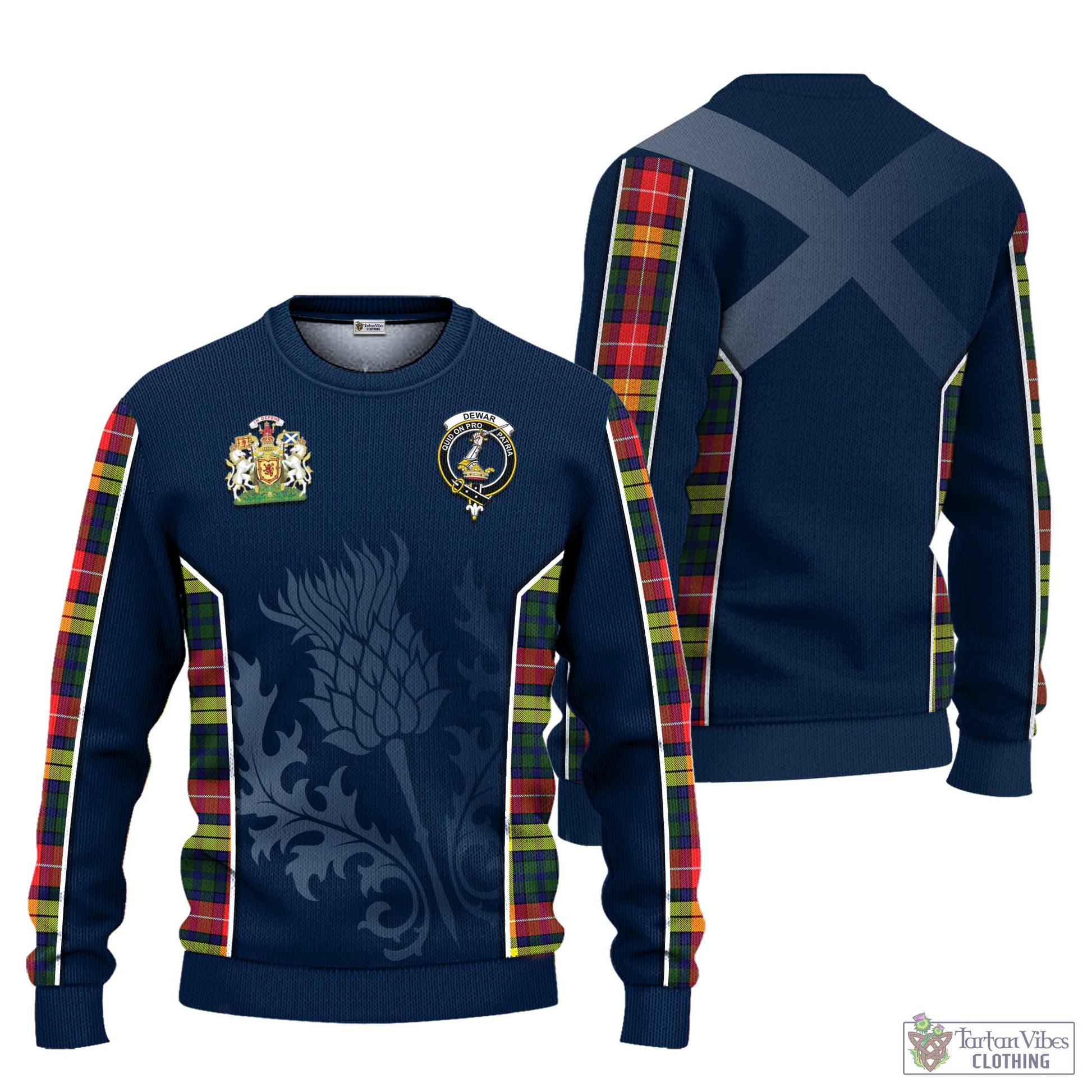 Tartan Vibes Clothing Dewar Tartan Knitted Sweatshirt with Family Crest and Scottish Thistle Vibes Sport Style