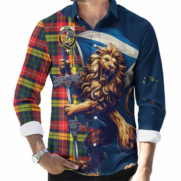 Dewar Tartan Family Crest Long Sleeve Button Shirt with Scottish Majestic Lion Men's Shirt S - Tartan Vibes Clothing