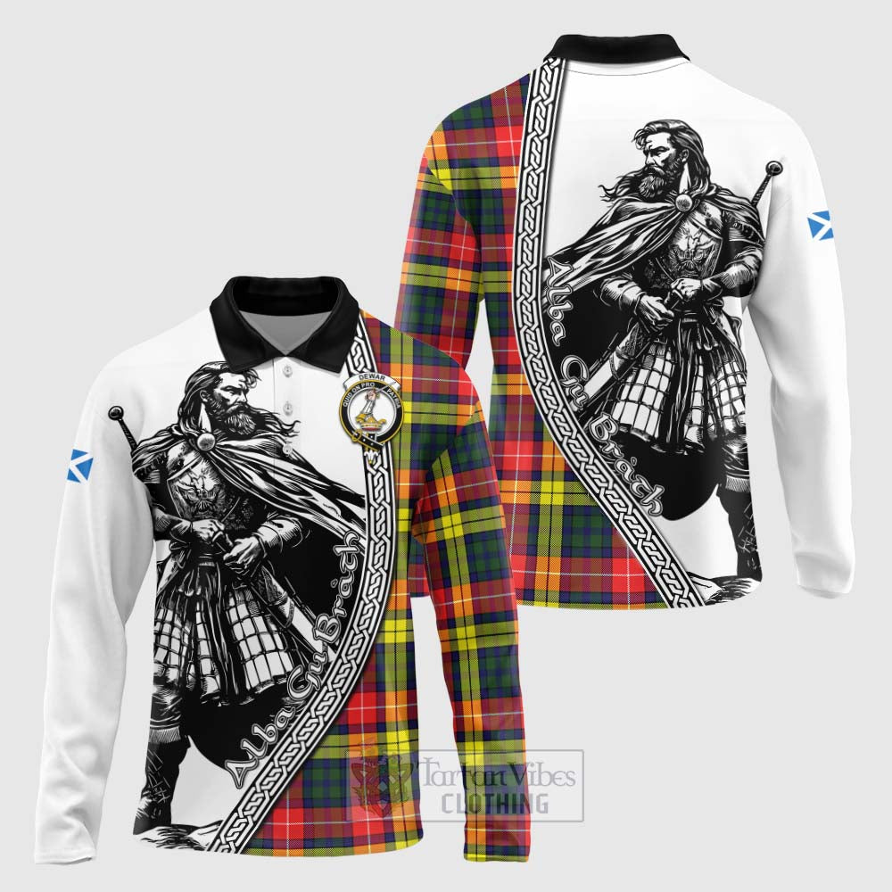 Dewar Tartan Clan Crest Long Sleeve Polo Shirt with Highlander Warrior Celtic Style Unisex - Tartan Vibes Clothing