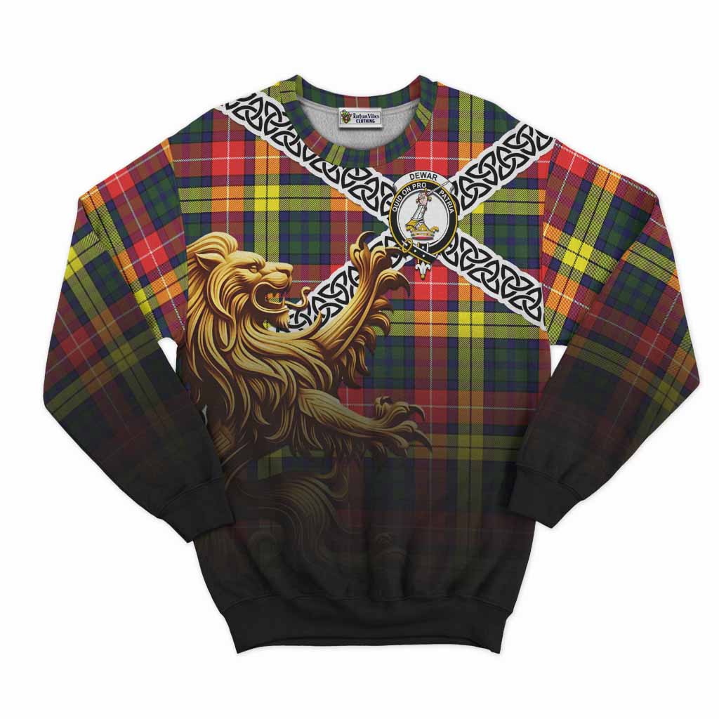 Dewar Crest Tartan Sweatshirt with Golden Lion Emblem Celtic Style Unisex - Tartan Vibes Clothing