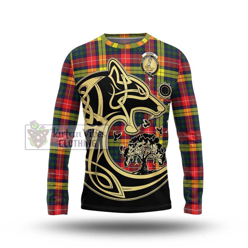 Dewar Tartan Long Sleeve T-Shirt with Family Crest Celtic Wolf Style Unisex - Tartan Vibes Clothing