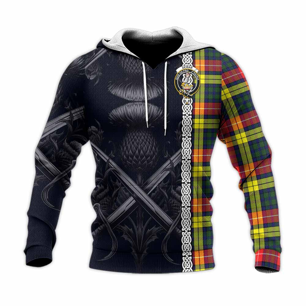 Dewar Tartan Knitted Hoodie with Family Crest Cross Sword Thistle Celtic Vibes Unisex Knitted Pullover Hoodie - Tartan Vibes Clothing