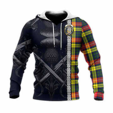Dewar Tartan Knitted Hoodie with Family Crest Cross Sword Thistle Celtic Vibes Unisex Knitted Pullover Hoodie - Tartan Vibes Clothing