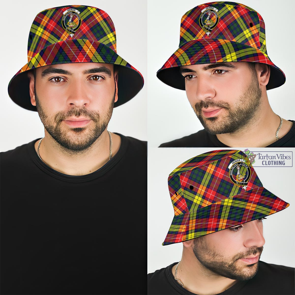 Dewar Tartan Bucket Hat with Family Crest Bucket Hat One Size - Tartan Vibes Clothing