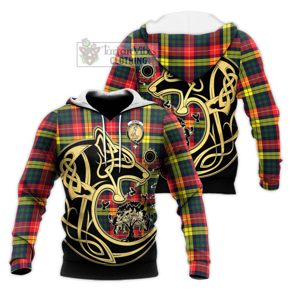 Dewar Tartan Knitted Hoodie with Family Crest Celtic Wolf Style Unisex Knitted Pullover Hoodie - Tartan Vibes Clothing