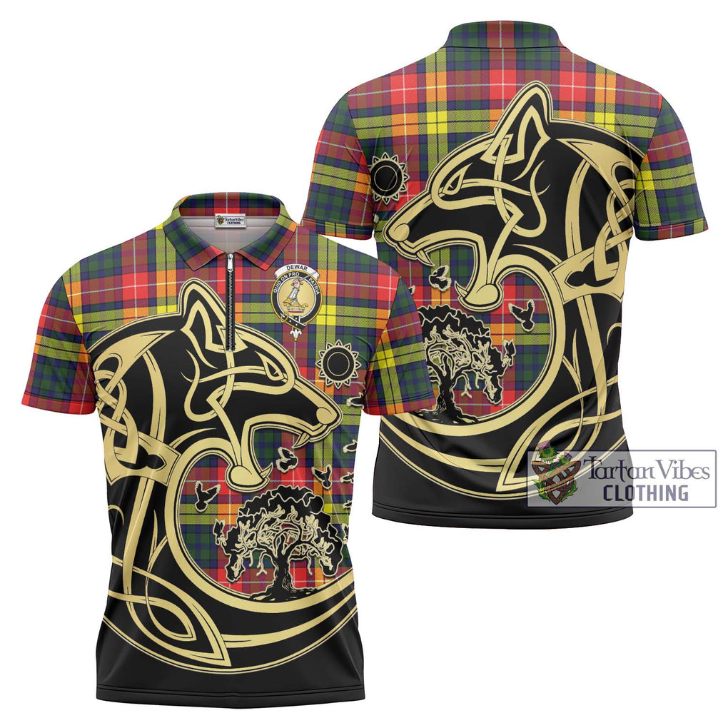 Dewar Tartan Zipper Polo Shirt with Family Crest Celtic Wolf Style Unisex - Tartan Vibes Clothing