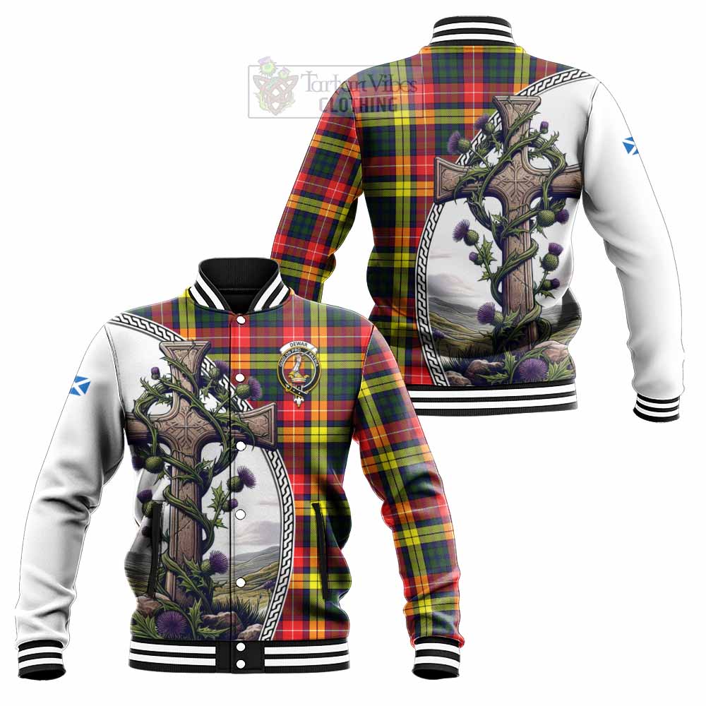 Dewar Tartan Baseball Jacket with Family Crest and St. Andrew's Cross Accented by Thistle Vines Unisex - Tartan Vibes Clothing