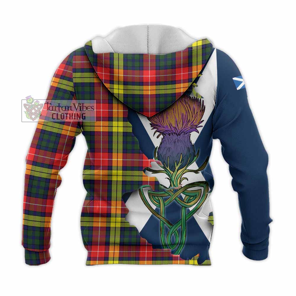 Tartan Vibes Clothing Dewar Tartan Family Crest Knitted Hoodie Scottish Thistle Celtic Inspired