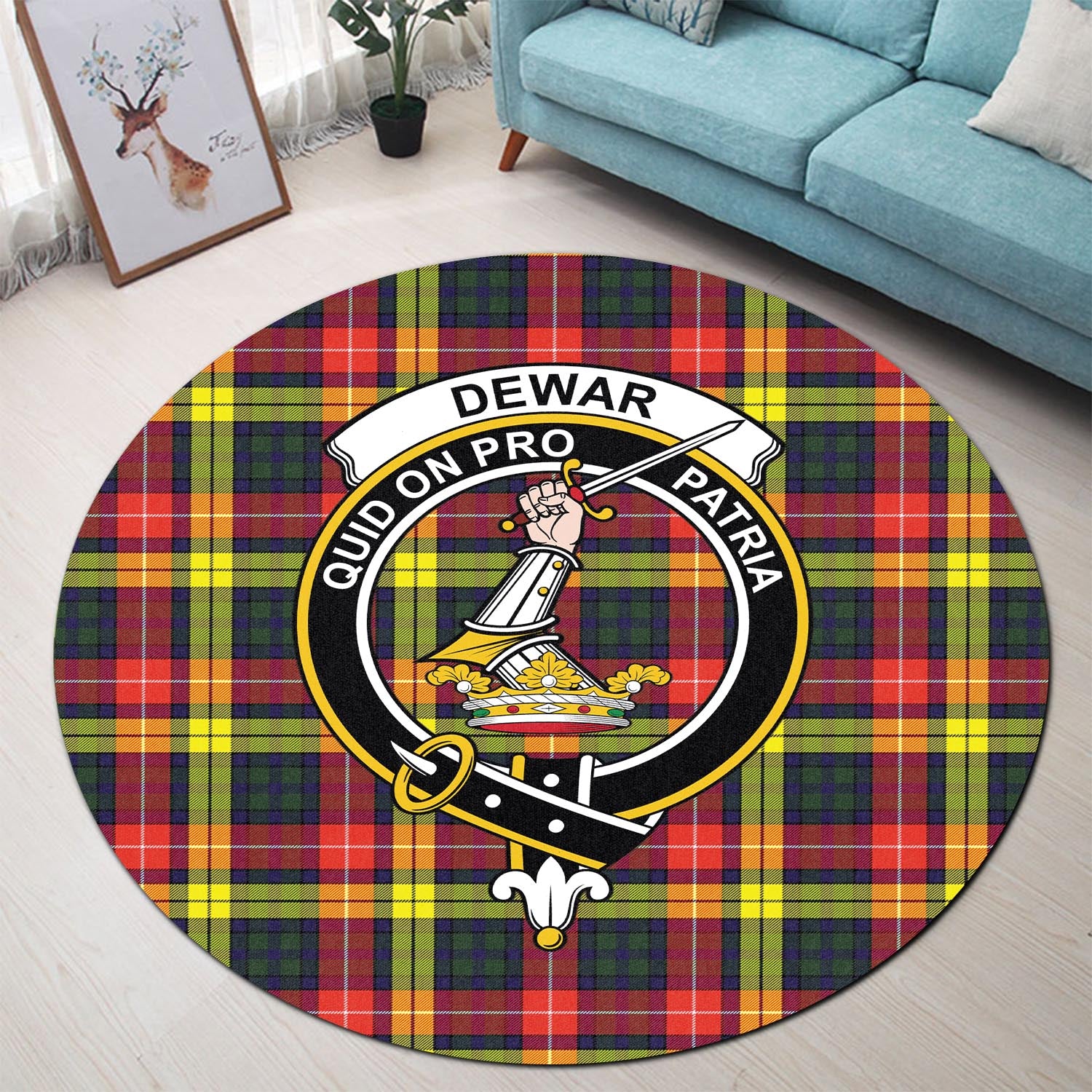 Dewar Tartan Round Rug with Family Crest - Tartanvibesclothing