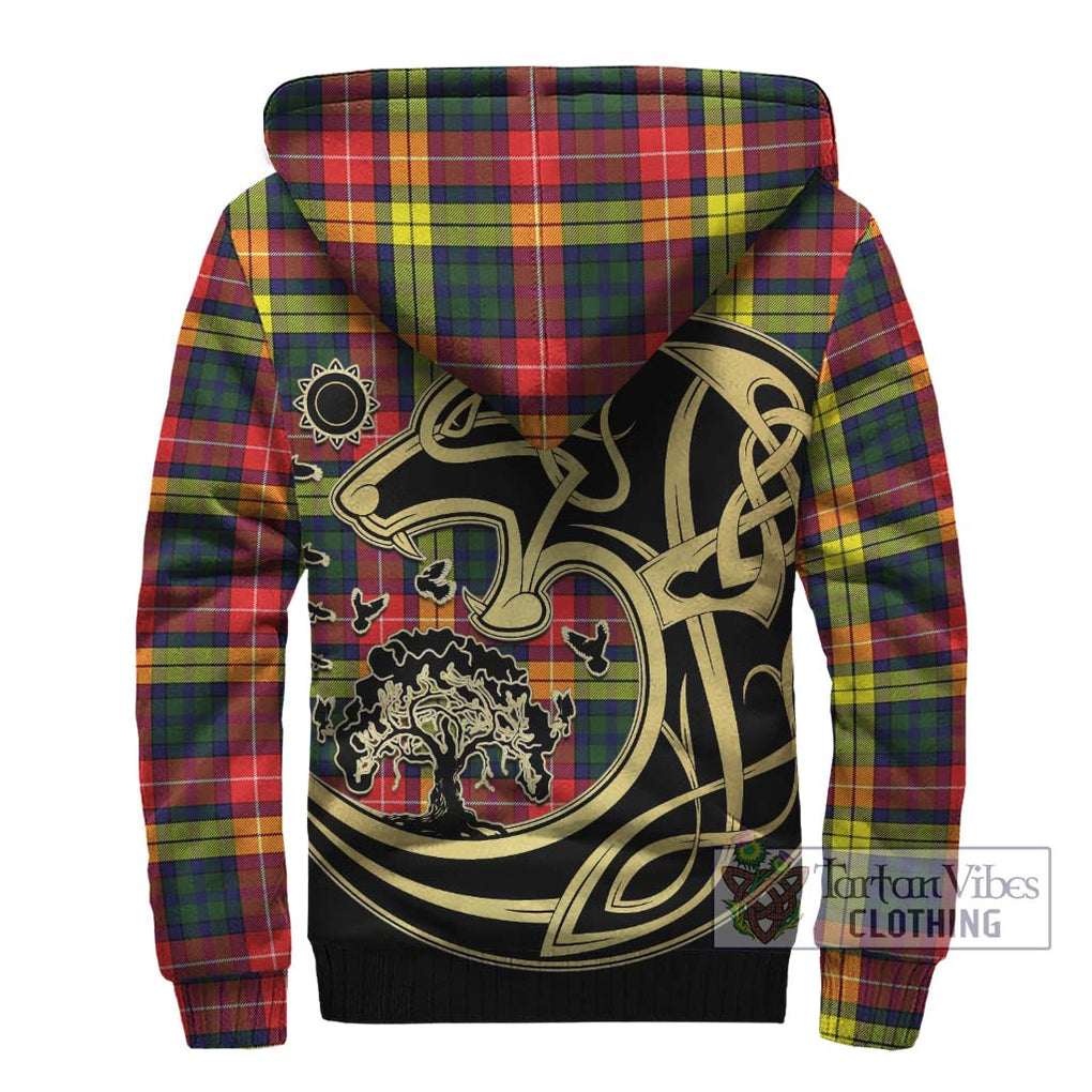Dewar Tartan Sherpa Hoodie with Family Crest Celtic Wolf Style - Tartan Vibes Clothing