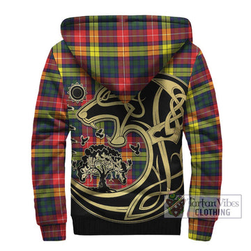 Dewar Tartan Sherpa Hoodie with Family Crest Celtic Wolf Style - Tartan Vibes Clothing