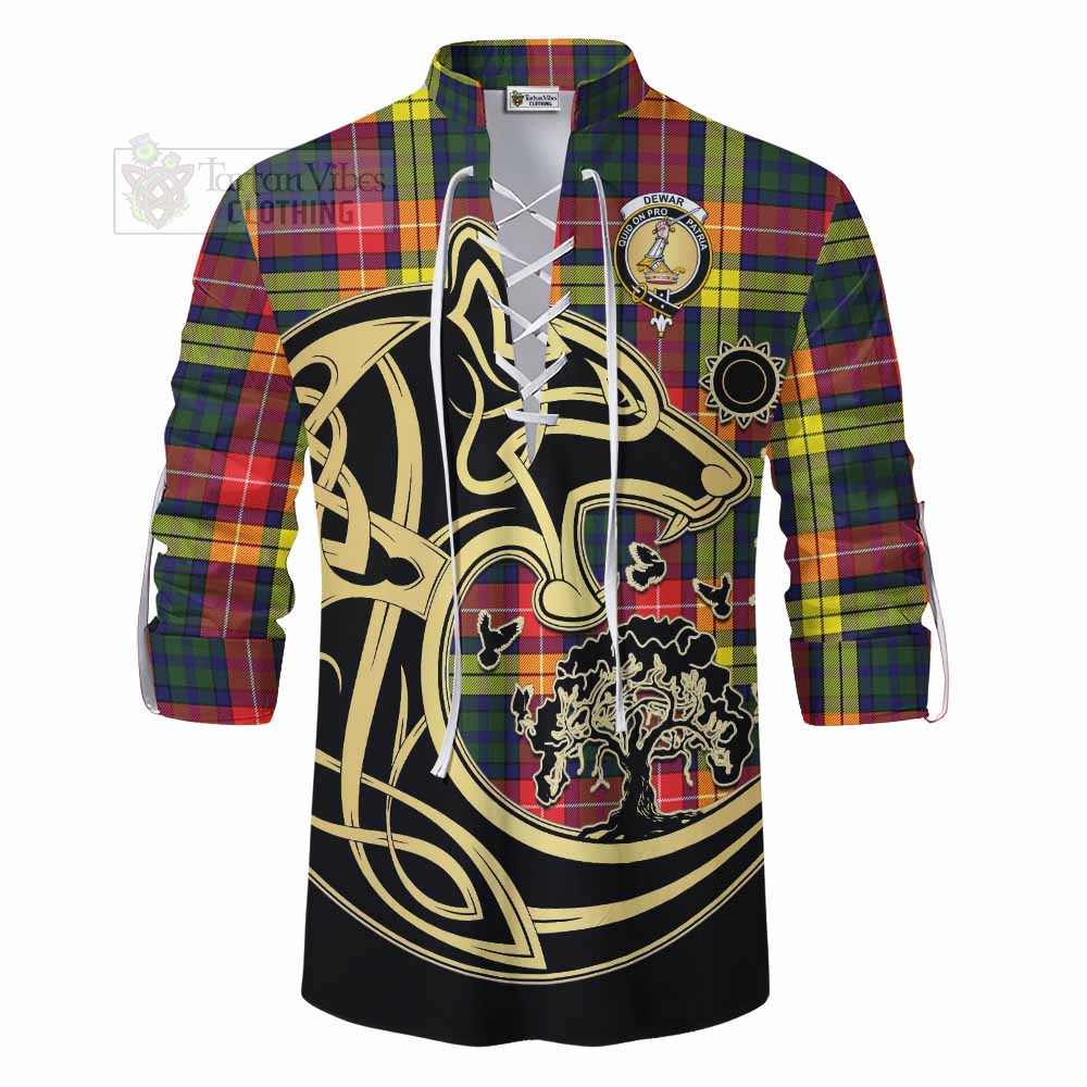 Dewar Tartan Ghillie Kilt Shirt with Family Crest Celtic Wolf Style - Tartan Vibes Clothing