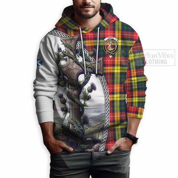 Dewar Tartan Hoodie with Family Crest and St. Andrew's Cross Accented by Thistle Vines - Tartan Vibes Clothing