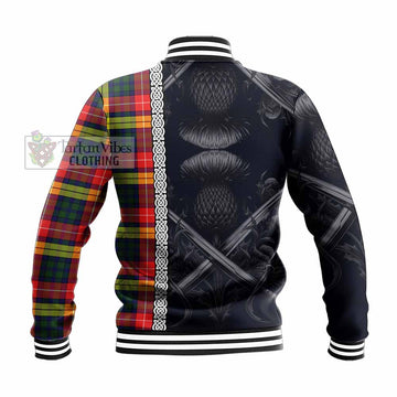 Dewar Tartan Baseball Jacket with Family Crest Cross Sword Thistle Celtic Vibes - Tartan Vibes Clothing