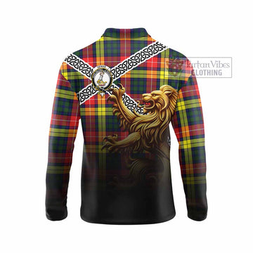 Dewar Crest Tartan Long Sleeve Polo Shirt with Golden Lion Emblem Celtic Style - Tartan Vibes Clothing