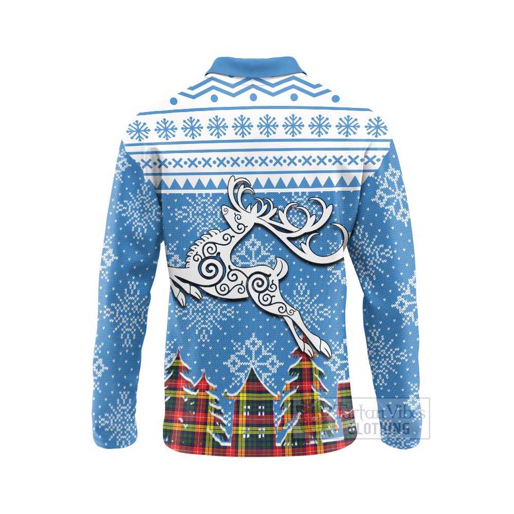 Dewar Clan Christmas Long Sleeve Polo Shirt Celtic Reindeer Style - Tartan Vibes Clothing