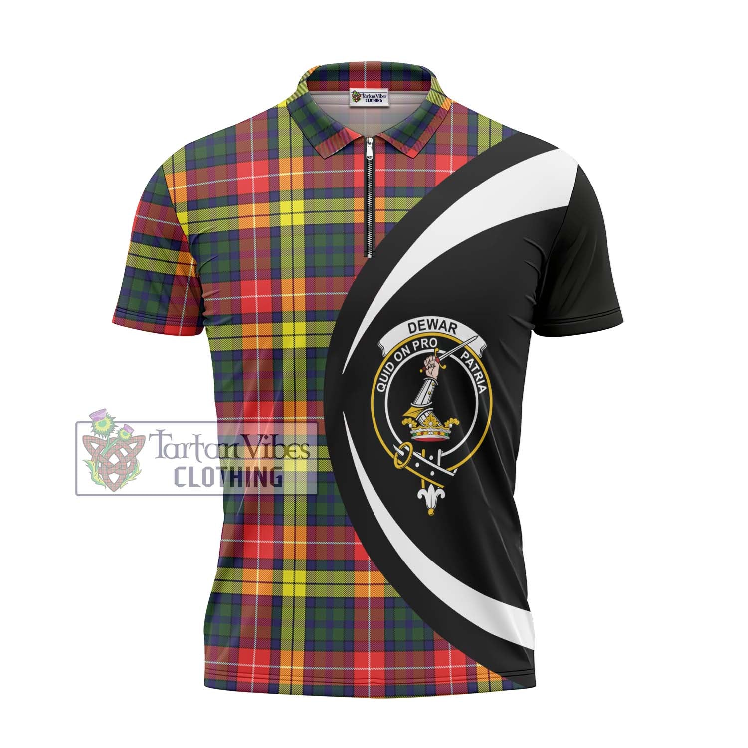 Dewar Tartan Zipper Polo Shirt with Family Crest Circle Style - Tartan Vibes Clothing