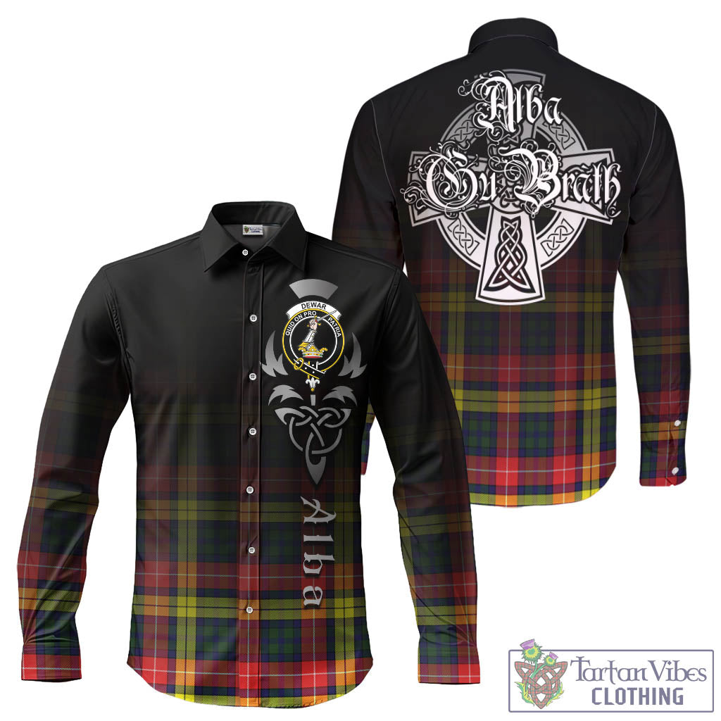 Dewar Tartan Long Sleeve Button Up Featuring Alba Gu Brath Family Crest Celtic Inspired - Tartan Vibes Clothing