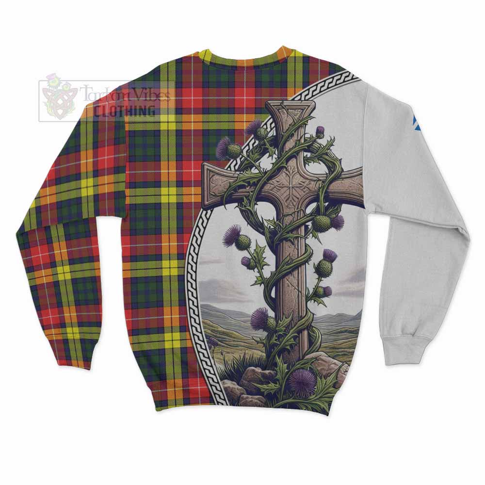 Dewar Tartan Sweatshirt with Family Crest and St. Andrew's Cross Accented by Thistle Vines - Tartan Vibes Clothing