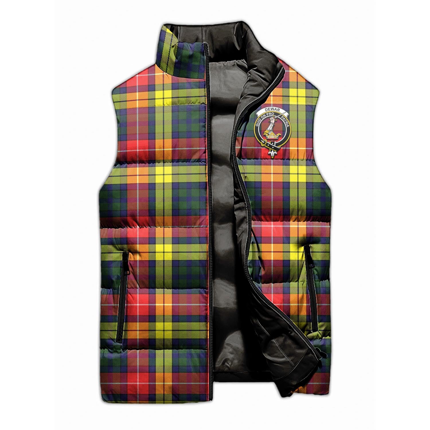 Dewar Tartan Sleeveless Puffer Jacket with Family Crest - Tartan Vibes Clothing