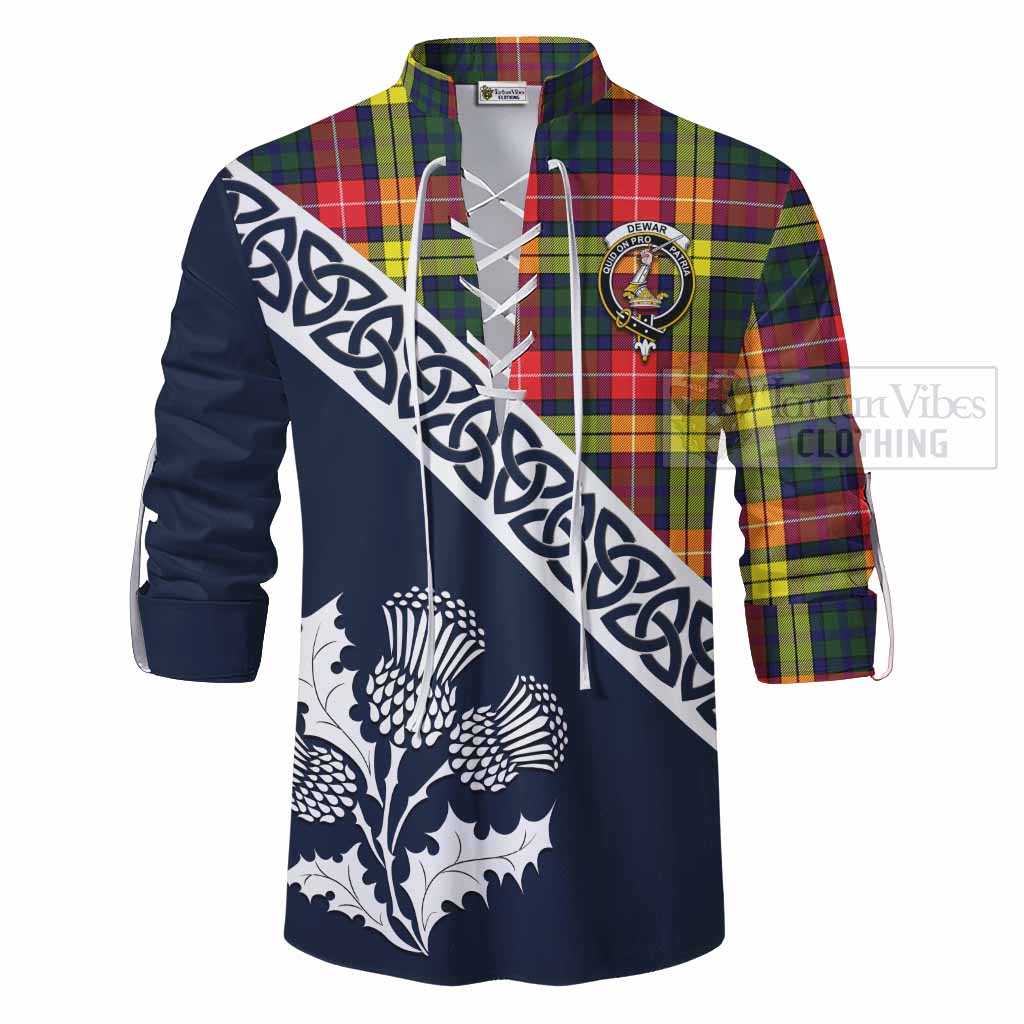 Dewar Tartan Ghillie Kilt Shirt Featuring Thistle and Scotland Map - Tartan Vibes Clothing