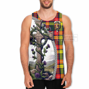 Dewar Tartan Men's Tank Top with Family Crest and St. Andrew's Cross Accented by Thistle Vines - Tartan Vibes Clothing