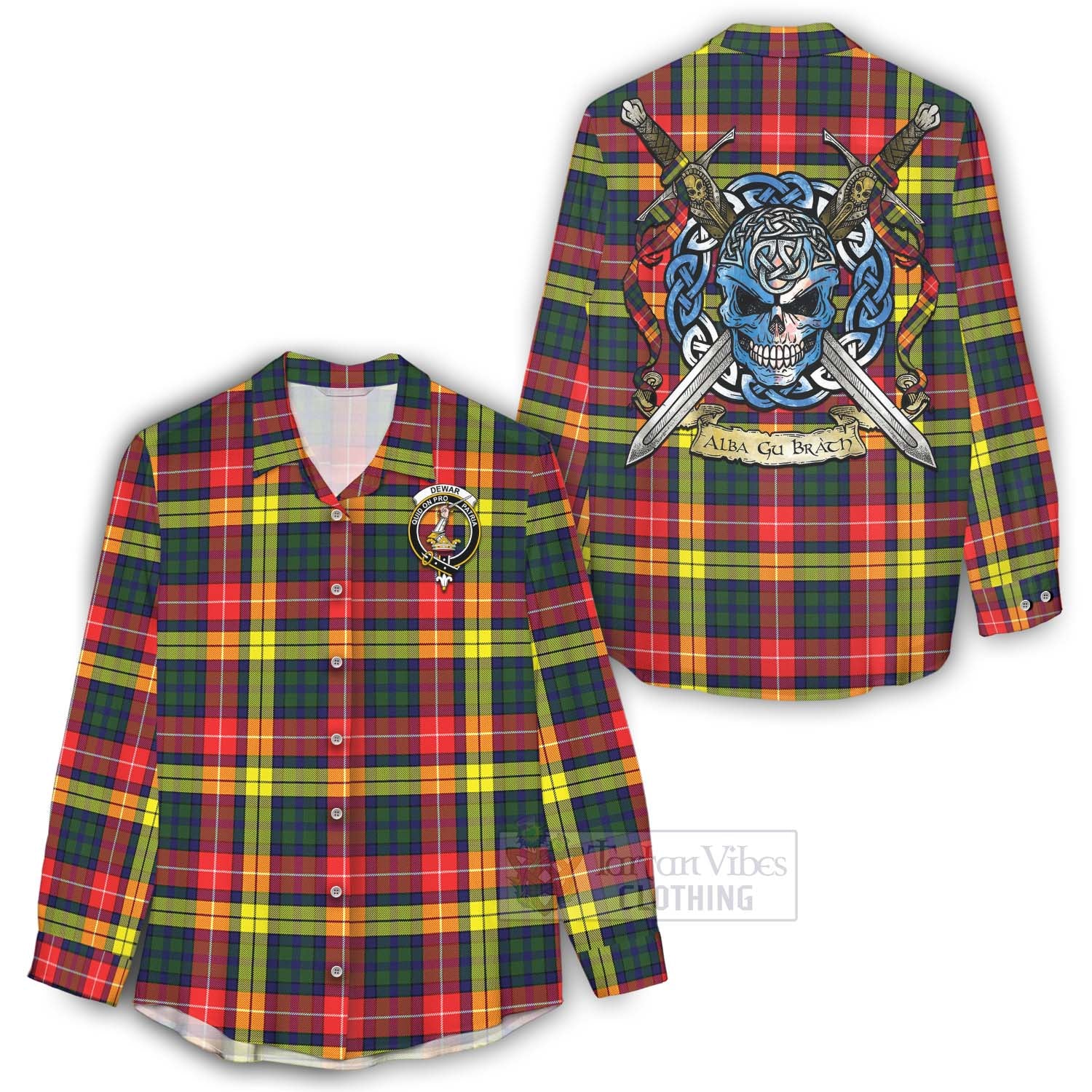 Dewar Tartan Women's Casual Shirt with Family Crest Celtic Skull Style - Tartan Vibes Clothing