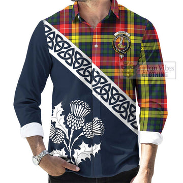 Dewar Tartan Long Sleeve Button Shirt Featuring Thistle and Scotland Map Men's Shirt - Tartan Vibes Clothing