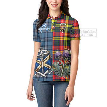 Dewar Tartan Women's Polo Shirt Happy St. Andrew's Day Half Tartan Style - Tartan Vibes Clothing