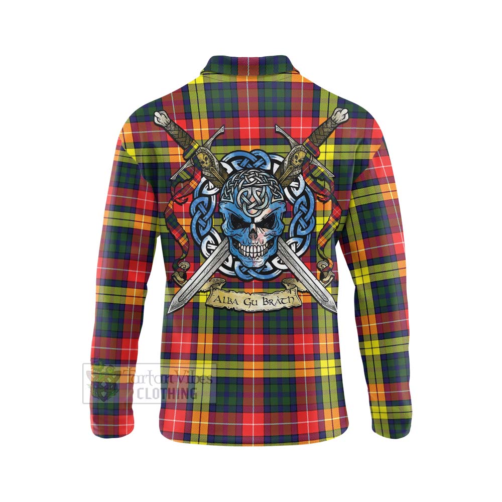 Dewar Tartan Long Sleeve Polo Shirt with Family Crest Celtic Skull Style - Tartan Vibes Clothing